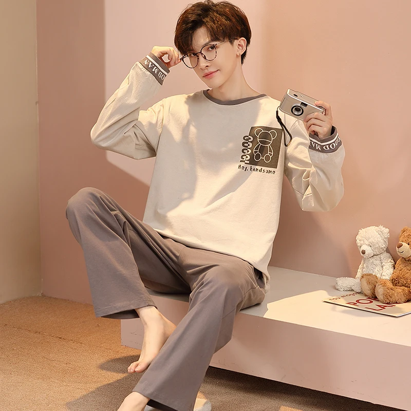 

2023 Cotton Men's Pajamas Set Spring Autumn Home Clothes Youth Boy Loungewear Long Sleeves Sleep Top Pant Pyjamas Freeship