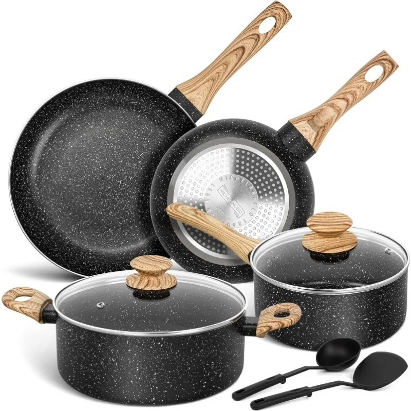 

Pots and Pans Set Nonstick, Granite Non Stick Pots and Pan Set 8 Pcs, Non Toxic Pan Sets for Cooking Nonstick Cookware Set