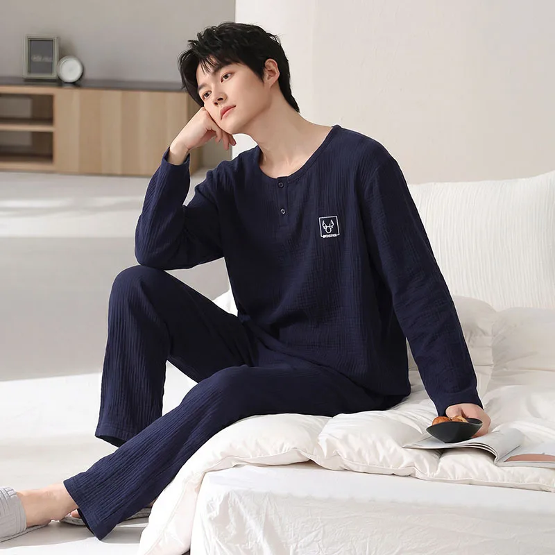 Two-layer gauze Autumn and Spring new pure cotton men's long-sleeve long pants solid pajamas casual plus-size M-4XL loungewear