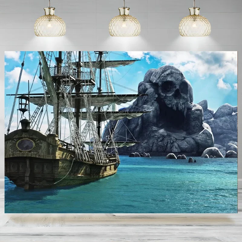 Pirate Skull Island Backdrop Pirate Ship Cruise Caribbean Sea Ocean Photographic Background Halloween Birthday Decor Banner