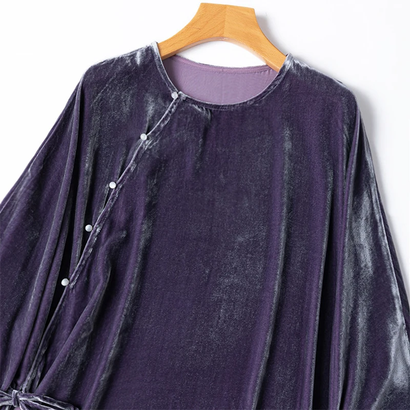 100% Mulberry Silk Lining Silk Velvet Women Shirt Purple Chinese-style Diagonal Placket  Long Sleeve Top Blouse Autumn M1813
