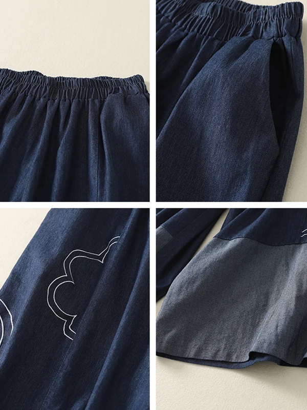2025年夏新作 カジュアル 刺繍入りデニム ワイドレッグパンツ ルーズ カラーブロック ゆったり ルーズフィット アーティスティック レトロ パンツ