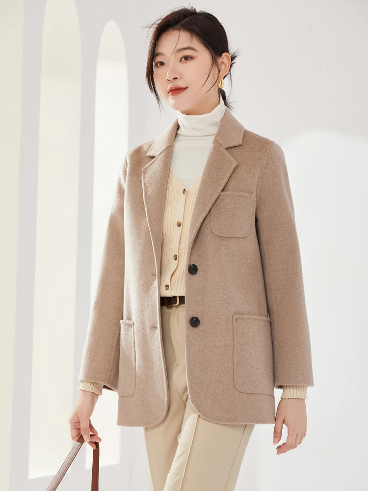 Manteau double face en cachemire pour femmes, manteau court en pure laine 100%, cardigan épais, petit col, neuf, automne et hiver