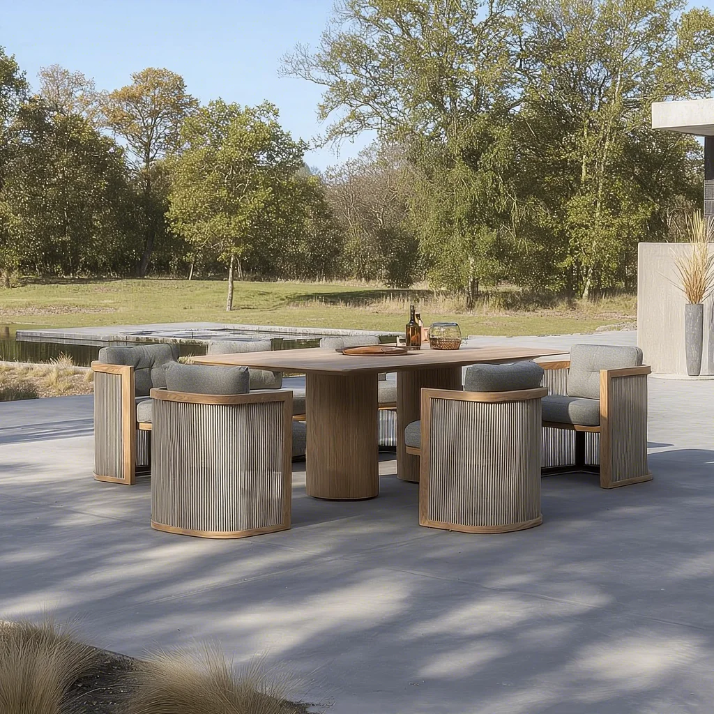 

2025 Sigma Modern Outdoor Furniture Dining Chairs Teak Wood Waterproof Fabric Sofa Set for Patio Courtyard Farmhouse Living Room