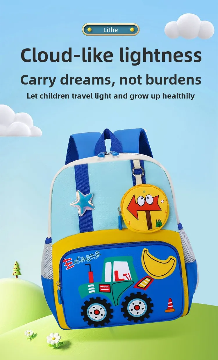Neuer Kinderrucksack Cartoon Baufahrzeug Jungen Kindergarten-Tasche Atmungsaktiv Mittelgroß für die 3. Klasse – Detail 2