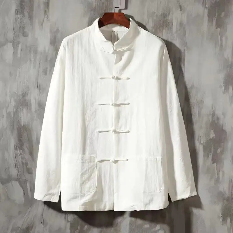 

Trendy Youth Chinese Style Long Sleeve Linen Cotton Shirt Stand Collar Traditional Hanfu Men's Fashion City Walk Autumn Wear