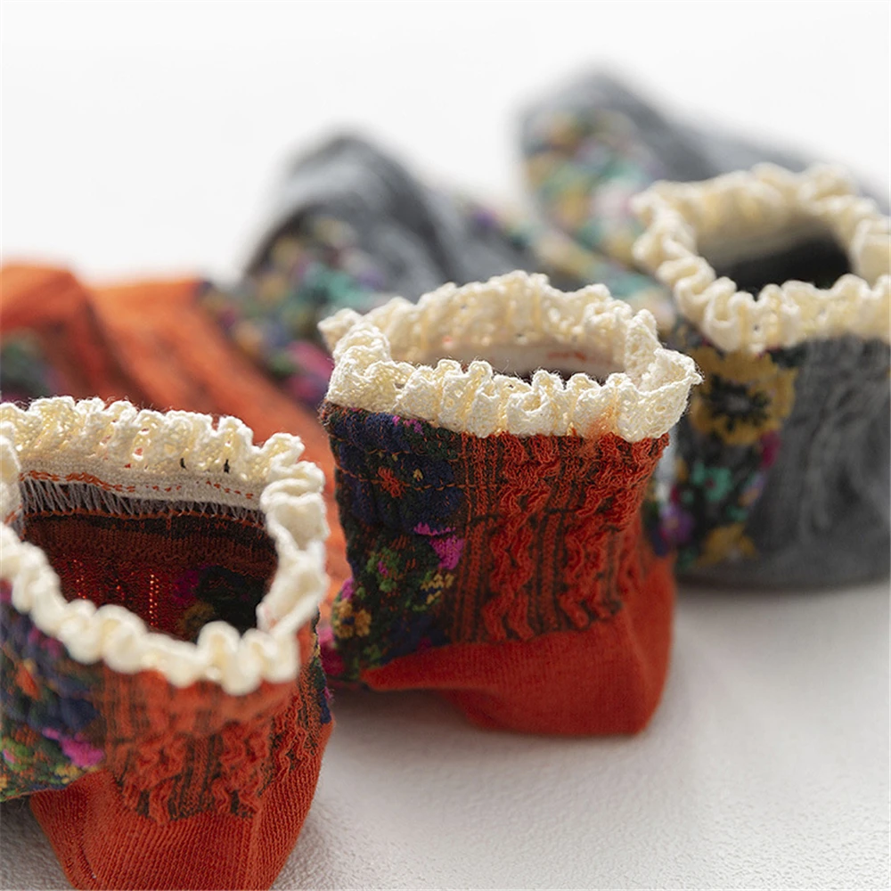 Summer Spring Ethnic Style Rose Curly Lace Cotton Short Twist Pattern Cute Fresh Japanese Retro Floral Ankle Socks Lolita Palace