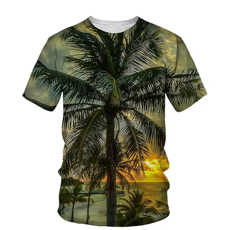 

Coconut Plant 3D Printing T-shirt Vacation Sunset Short Sleeves Outdoor Street Men's T Shirt Summer Round Neck Tee Shirts Tops