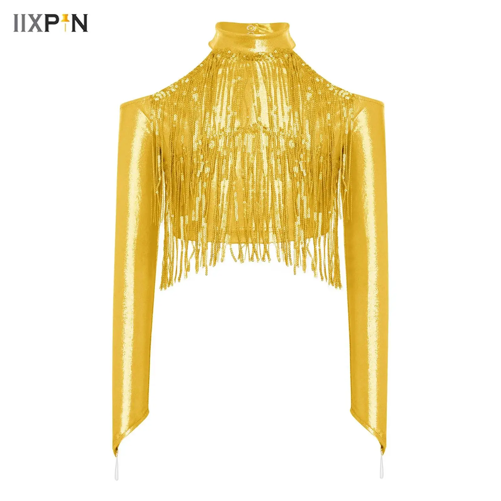 

Kids Girls Tassels Jazz Dance Top Disco Hip Hop Costume Long Sleeve Finger Holes Shiny Sequins T-Shirts for Stage Performance