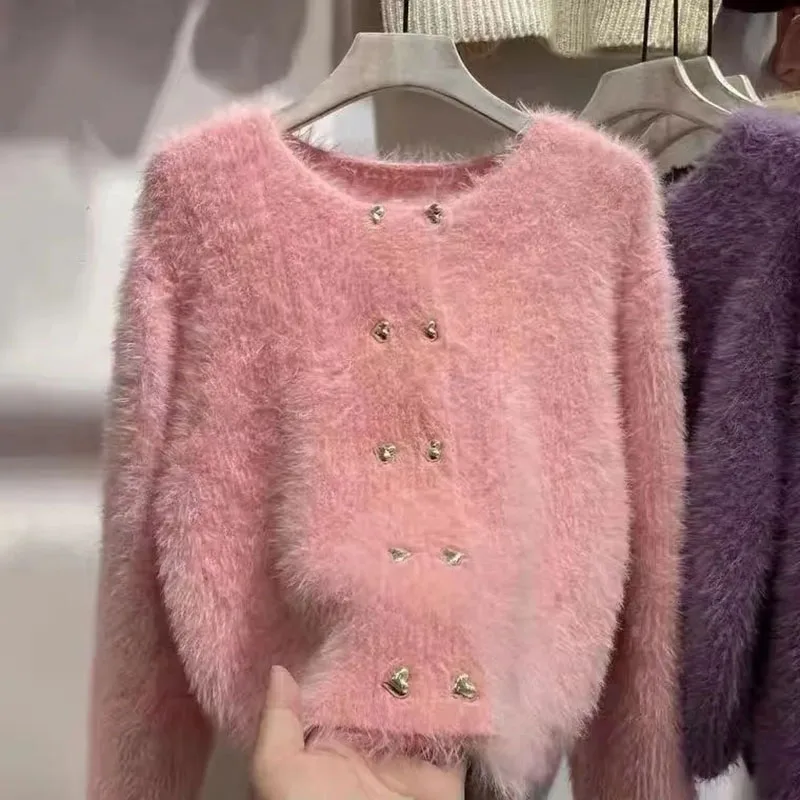 Women's Autumn/Winter Thickened Cropped Knitted Cardigan Sweater Jacket New Style European Good Looks Crew Neck Thickened