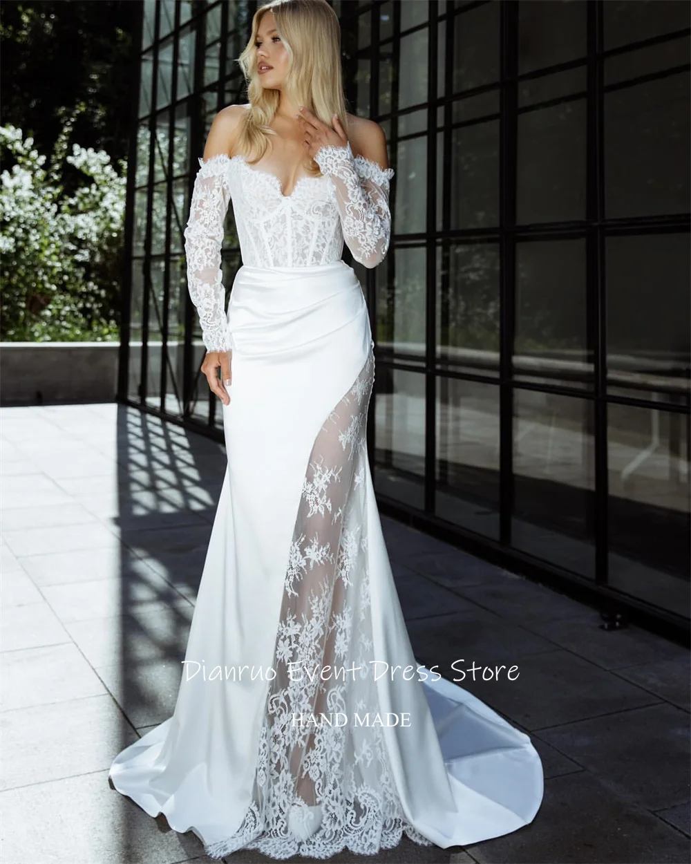 Dianruo Милая свадебная одежда с открытыми плечами и аппликациями с разрезом Vestido De Noiva, кружевное платье высокого качества для невесты, 2025 по индивидуальному заказу