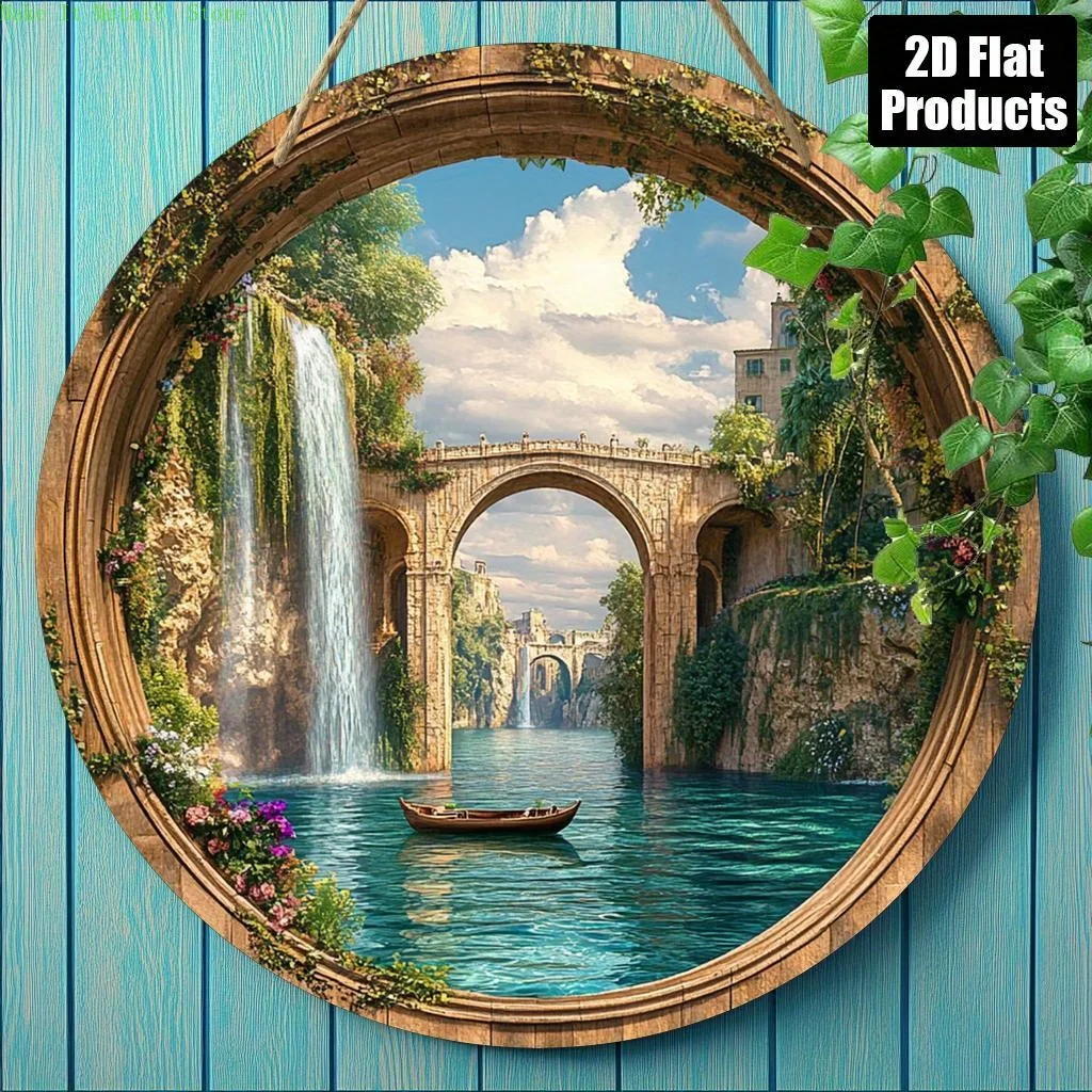 2D Flat Fantasy Waterfall & Stone Bridge River Scene Round Tin Sign Vintage Metal Wall Art for Magical, Nature, and Home Decor