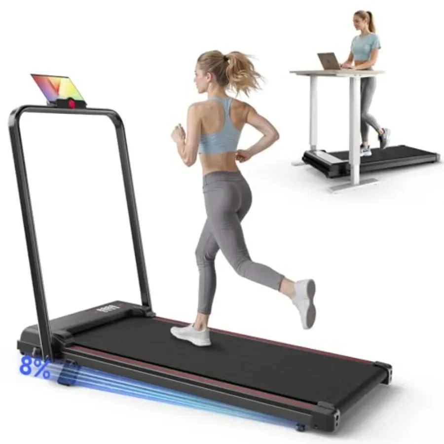 Home office walking pad treadmill with steel frame, black finish, 8 incline and quiet 2.5HP motor for compact under-desk use