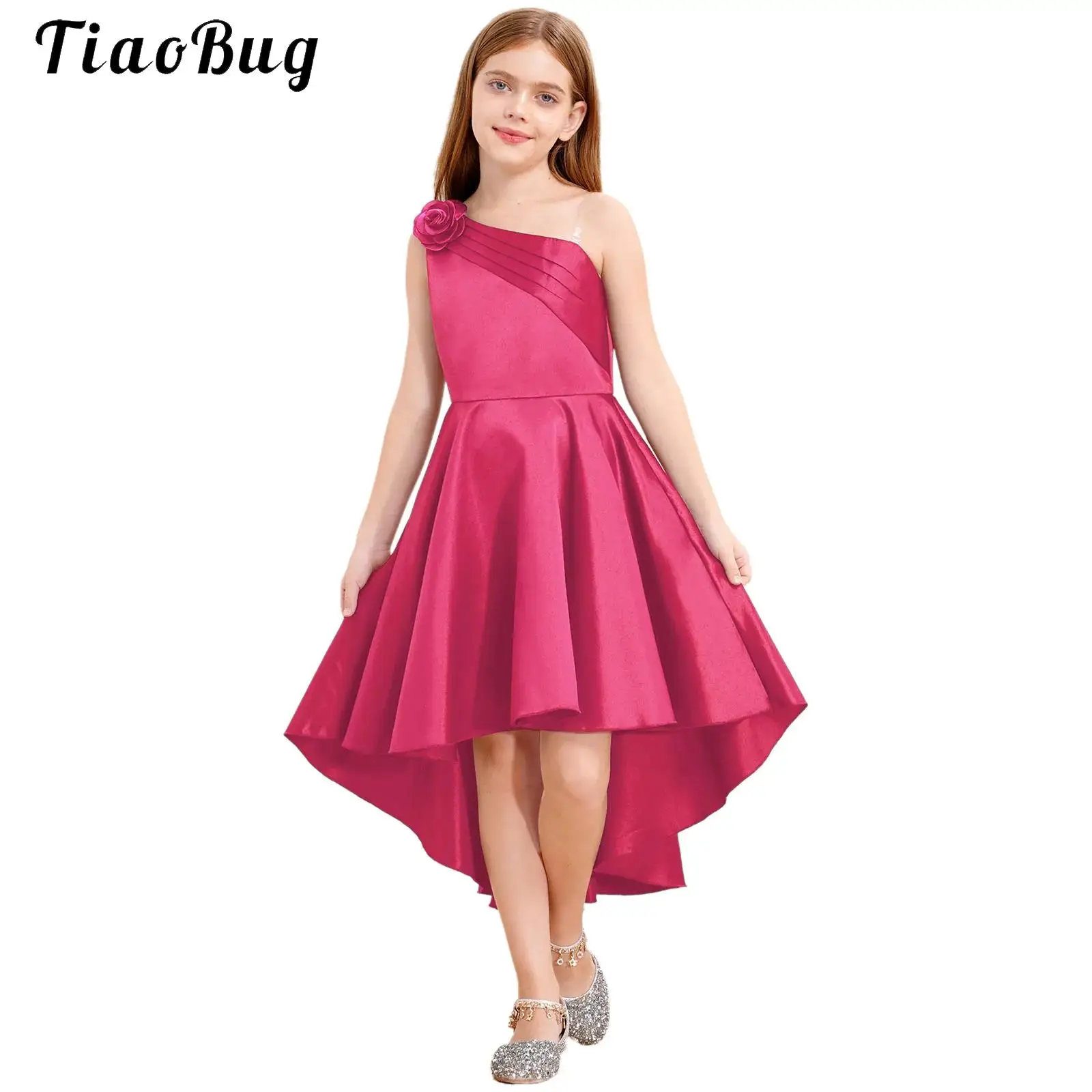 

Princess Dress Child Girl One Shoulder Party Dress Flower Kid Satin Ceremony Wedding Evening Cocktail Formal Gown Pageant Dress