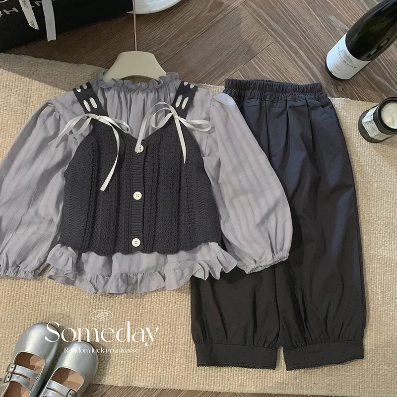 

2025Autumn Girls' Korean Style Fashionable Three-Piece Suit French Style Ruffled Collar Long-Sleeved Shirt Knitted Sling Casual