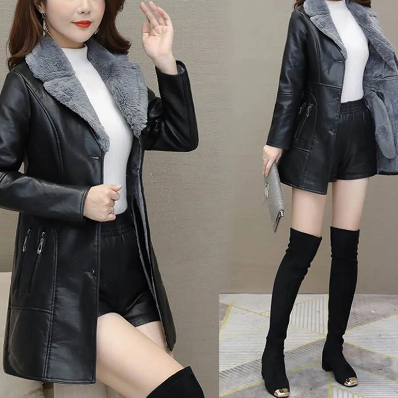 Women Faux Leather Jacket Thick Velvet 2024 New Korean Autumn/Winter Long Slim Fit PU Coat