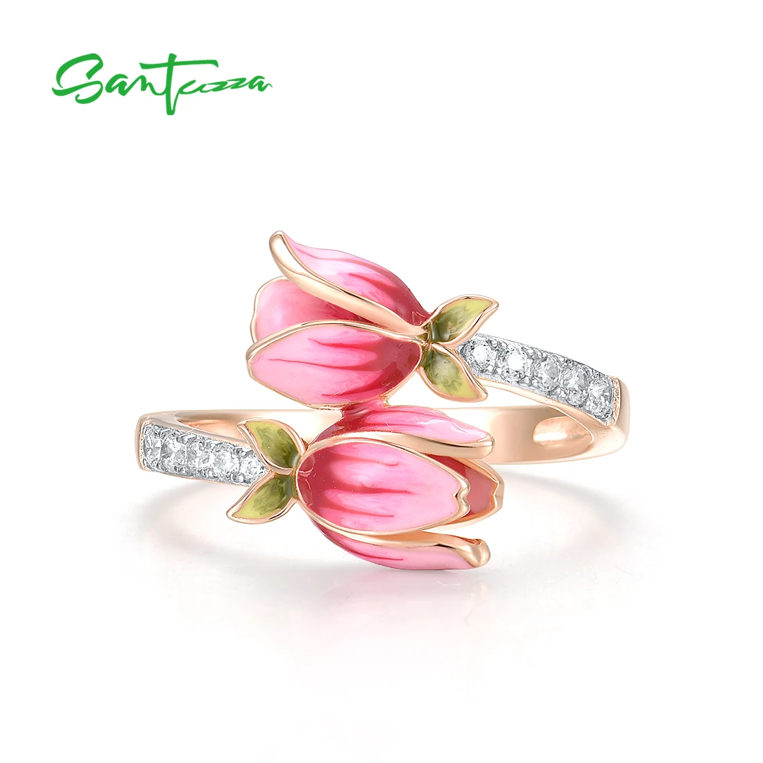 SANTUZZA Genuine 925 Sterling Silver Rings For Women Sparkling White Cubic Zirconia Enamel Tulip Flower Rose Plated Fine Jewelry