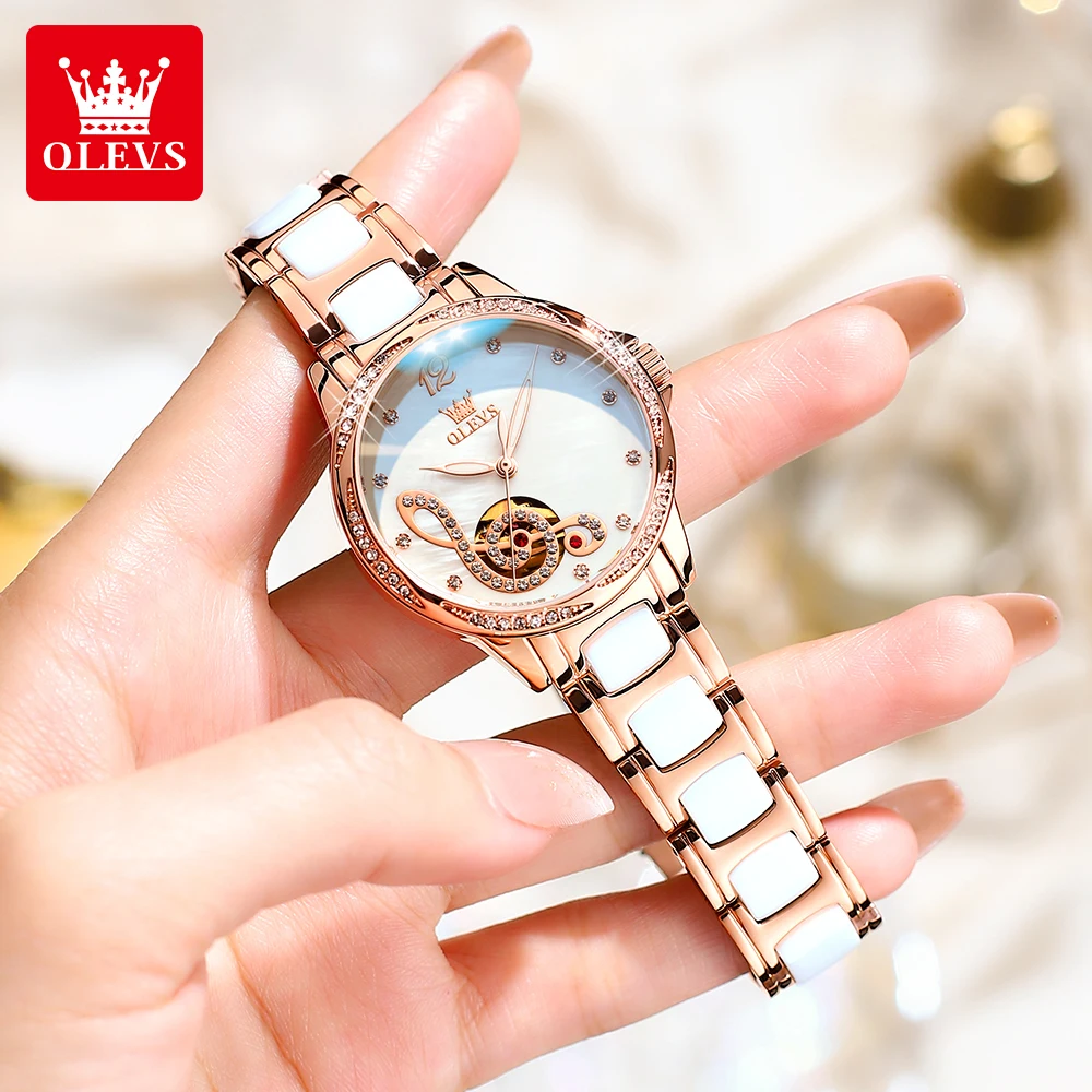 OLEVS 6656 Relojes para mujer Diseño de notas musicales ahuecadas Reloj mecánico automático original elegante de lujo Reloj de pulsera resistente al agua