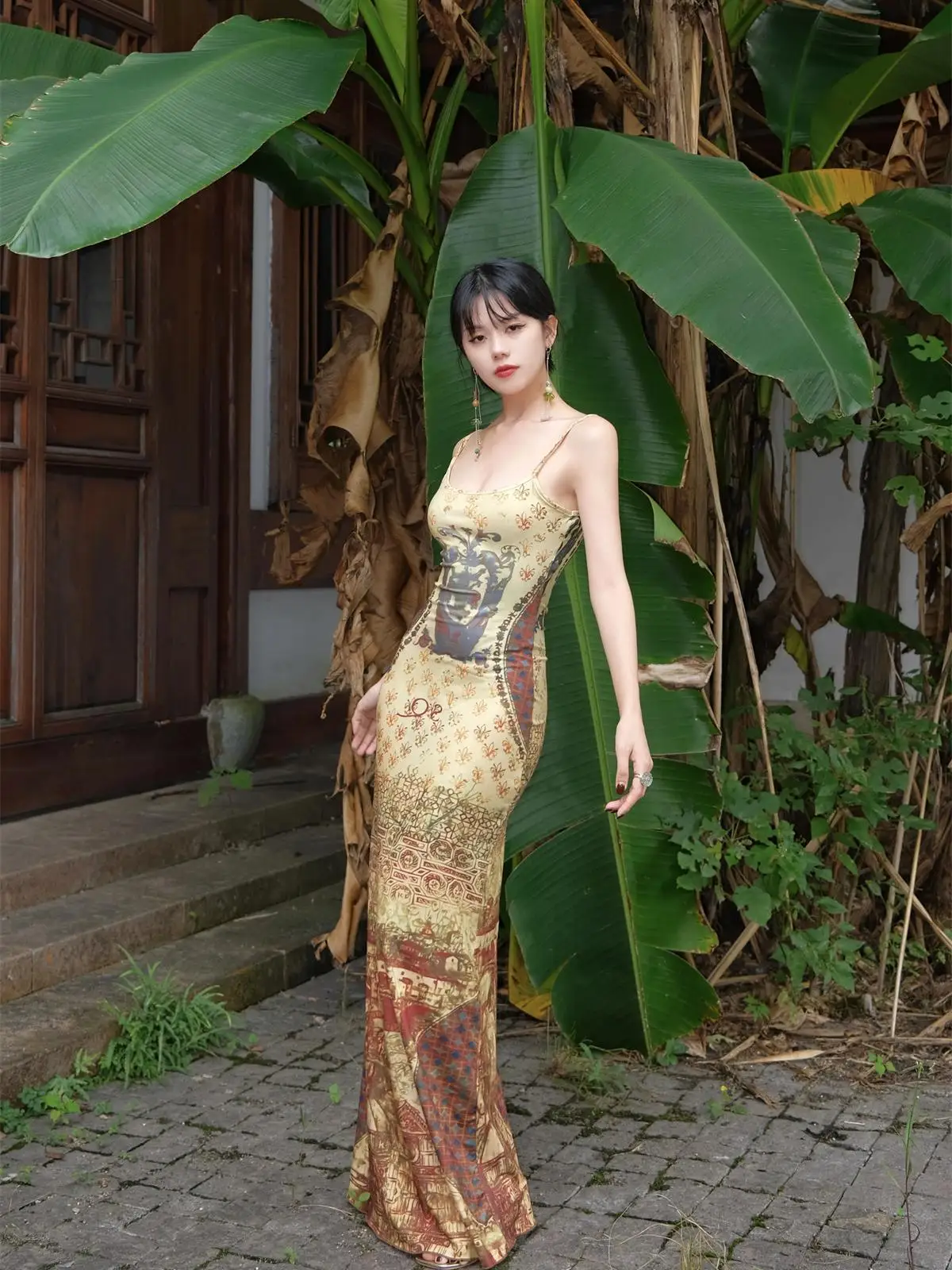 

Slim Fit Vintage Oil Painting Print Skirt Dress Evening Warm Gold Muse Totem H-Line Soft Polyester Fibre Summer Season Gown