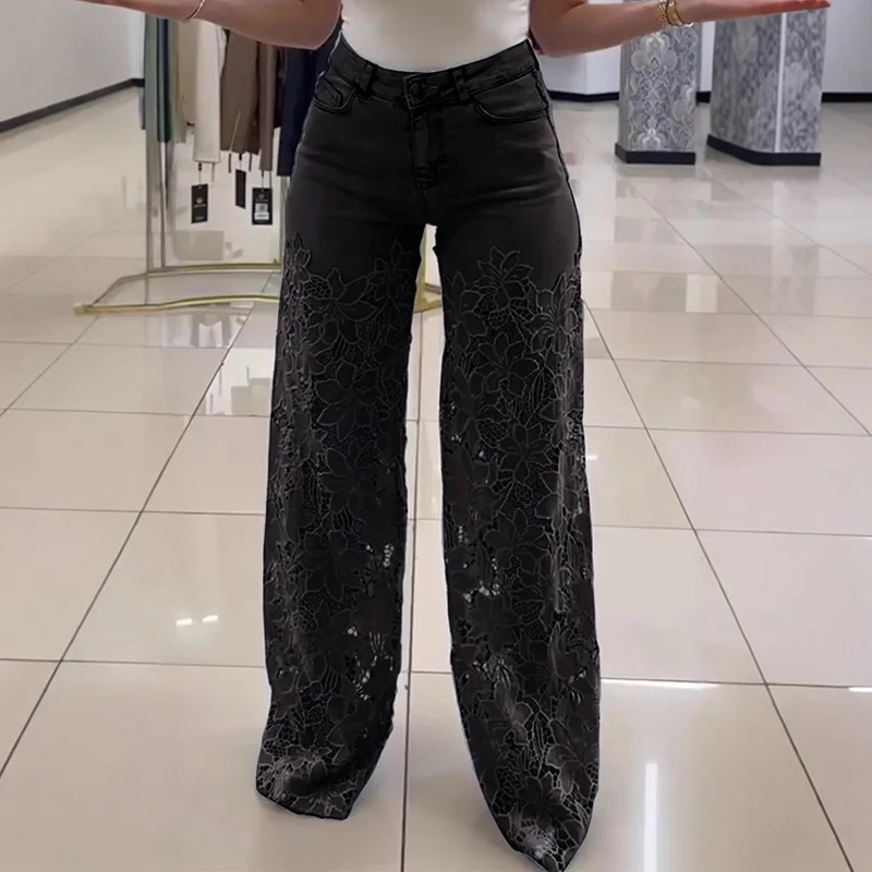Streetwear botão bolso denim calças mulher casual crochê emendado renda oco para fora flor jeans primavera verão calças de cintura alta