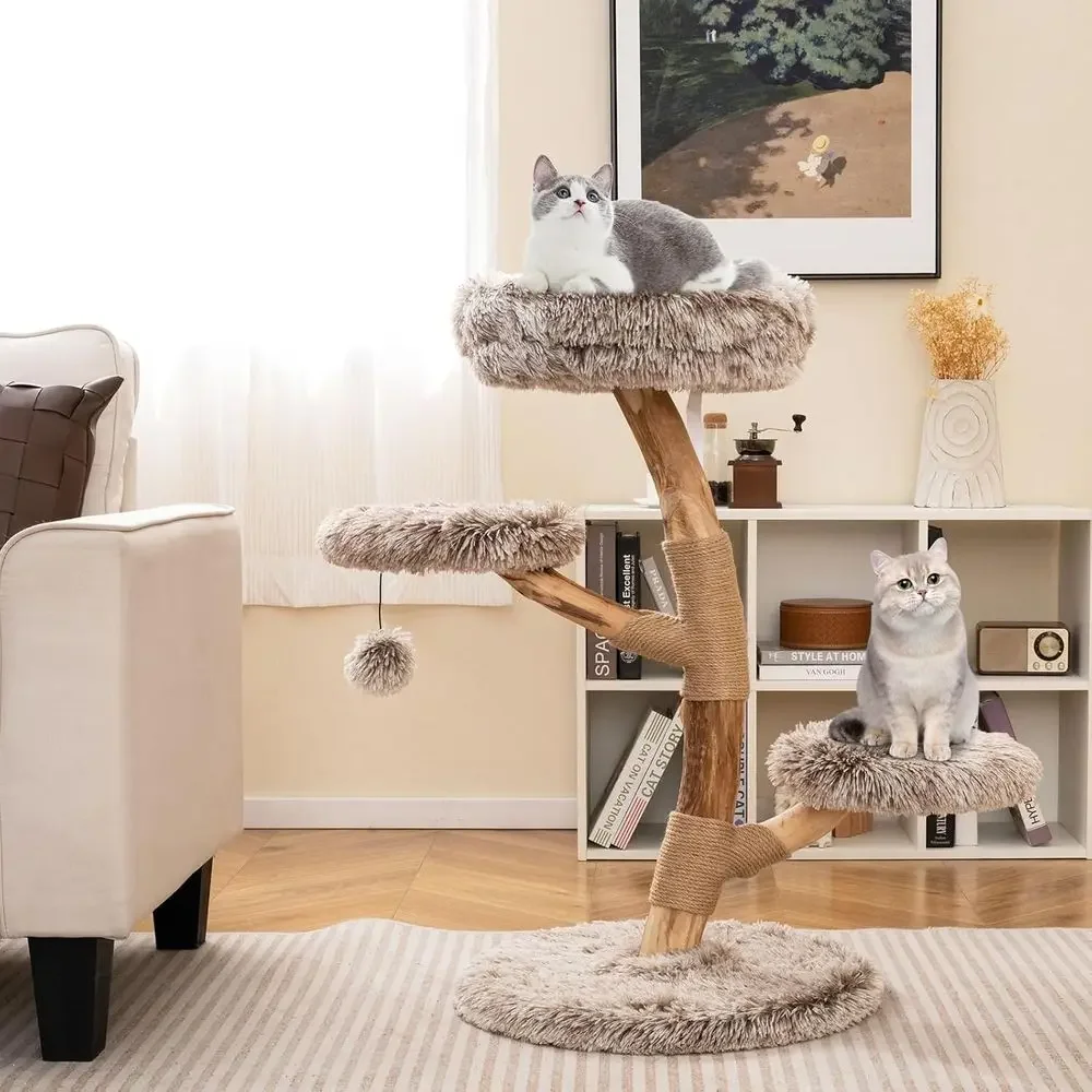 Multi-Level Wooden Cat Tower with Scratching Posts, Cozy Perch, 2 Platforms, Dangling Ball, Plush, and Natural Branch for Kitten