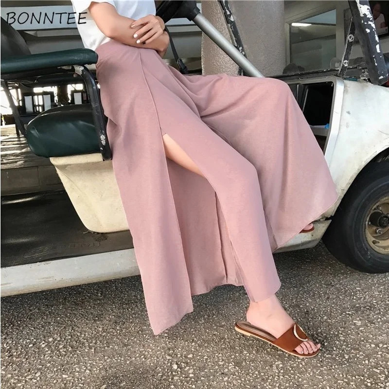 Pants Women Casual Summer Thin Cozy Femme Solid Korean Style Side-slit Trendy Design Empire Soft Daily Chiffon Wide Leg Trouser