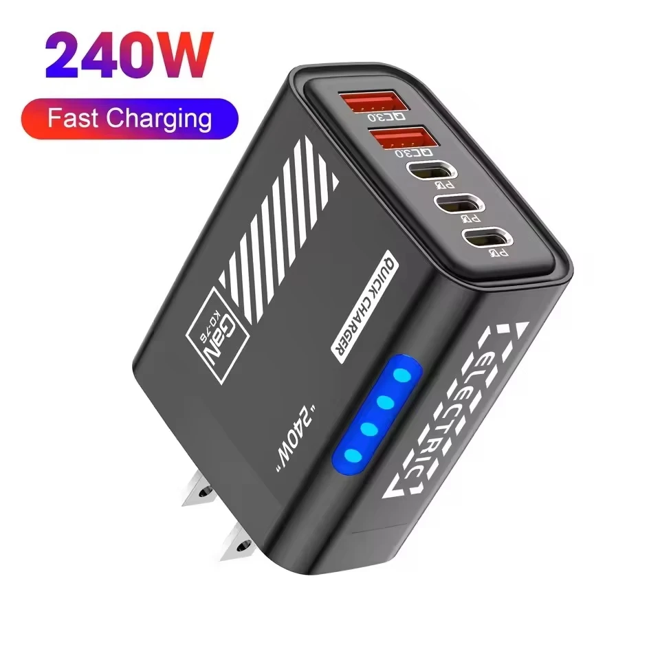 240W Superschnelles Ladegerät 5-in-1 LED-Licht 5-Port GaN Telefonladegerät Adapter 10A Kabel für iPhone Xiaomi EU/US-Stecker Ladegerät