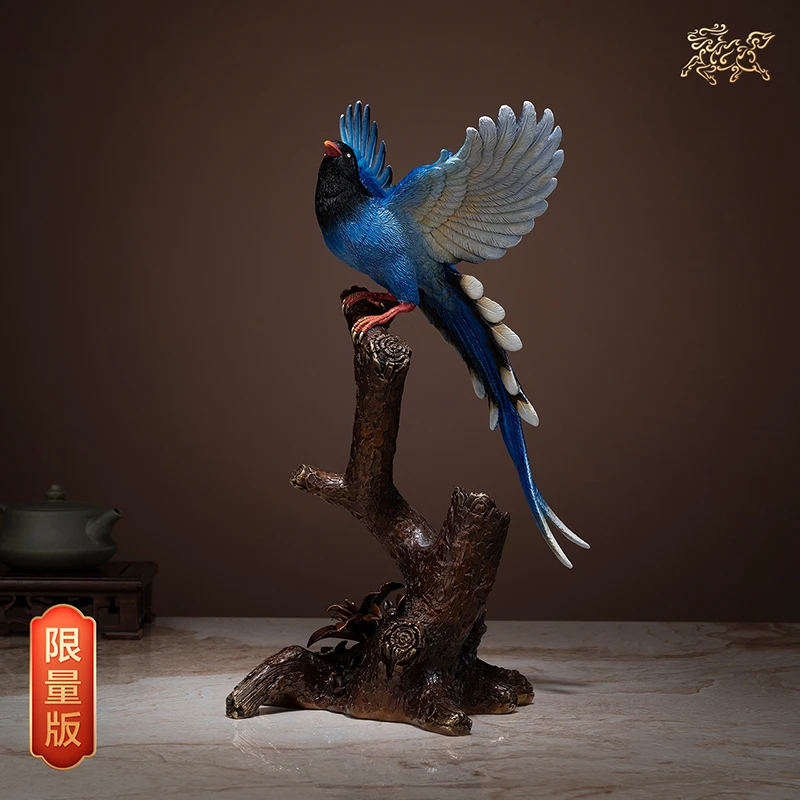 HOME Company shop stock market Money drawing Auspicious GOOD Luck bird Magpie Talisman brass Sculpture Decoration mascot