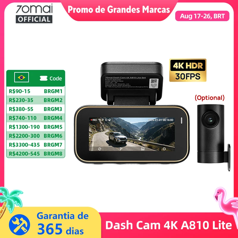 Câmera Veicular 70mai A810 Lite 4K HDR + 1080P, Supercapacitor 4G LTE Controle Remoto Wi-Fi 6 GPS Controle por Voz DVR para Carro 70mai A810 Lite