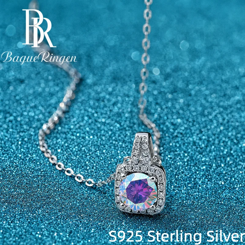 BR 1ct Cushion Halo Moissanite Pendant Necklace S925 Silver Multi Color Gemstone Square Solitaire Choker Jewelry Gift For Women