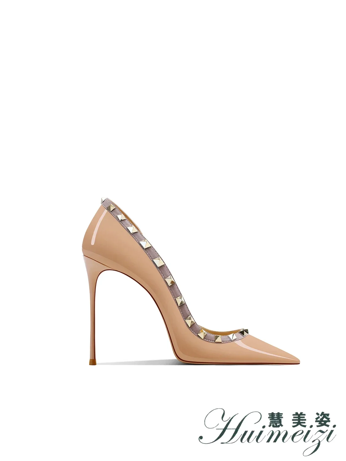 HMZ 2027 Spring Nude Leather Rivets Pointed Extra Fine Heel Super Shallow High Heel Single Shoes Do Not Grind Their Feet+Gift