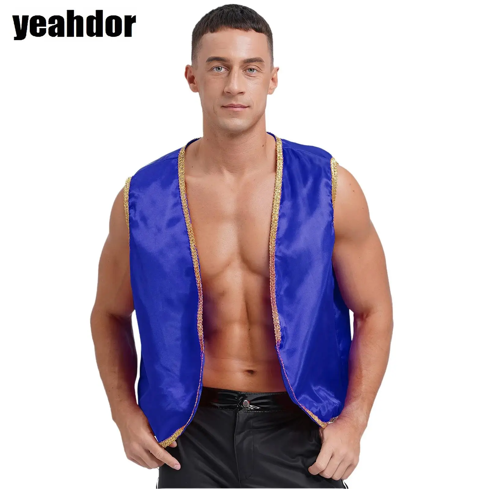 ג'קטים פתוחים לחג ההלווין קרנבל הודי אלאדינים תחפושת קוספליי עם חגורת זהב מבריקה לגברים ונסיכים ערביים