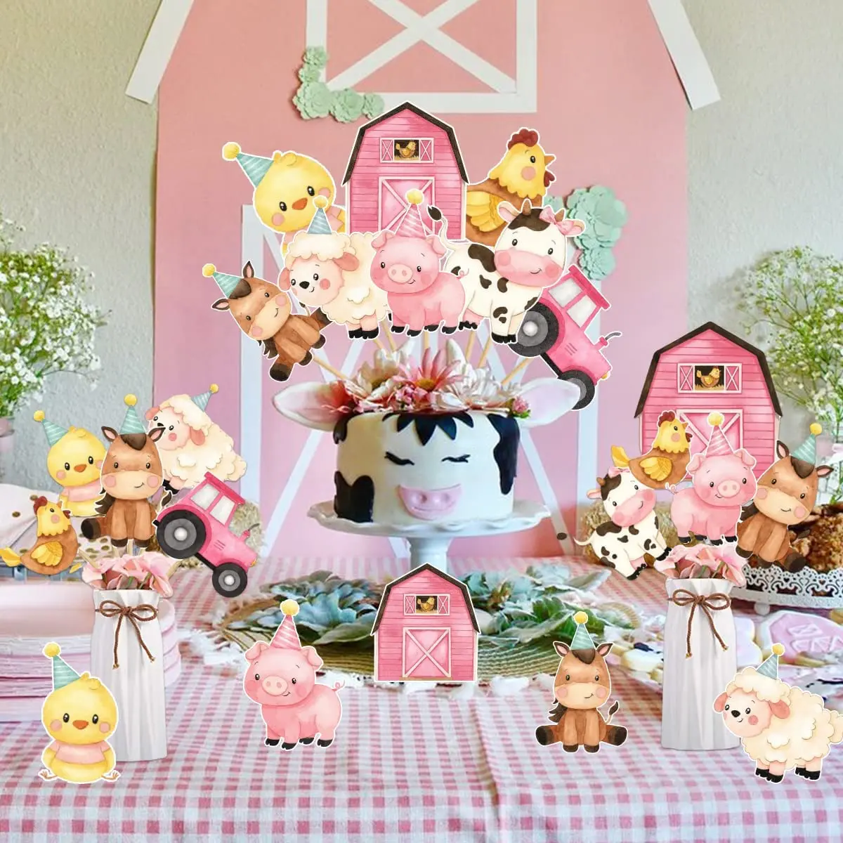 Fangleland 24Pcs Farm Animal Centerpiece Sticks Pink for Farm Themed Party Table Toppers Girls Baby Shower Birthday Party Decor