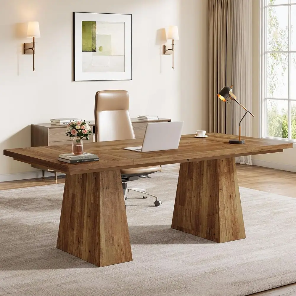 

Письменный стол с двойной подставкой 63 Double Pedestal Executive Desk, большой стол для работы и учебы для домашнего офиса, светло-коричневый
