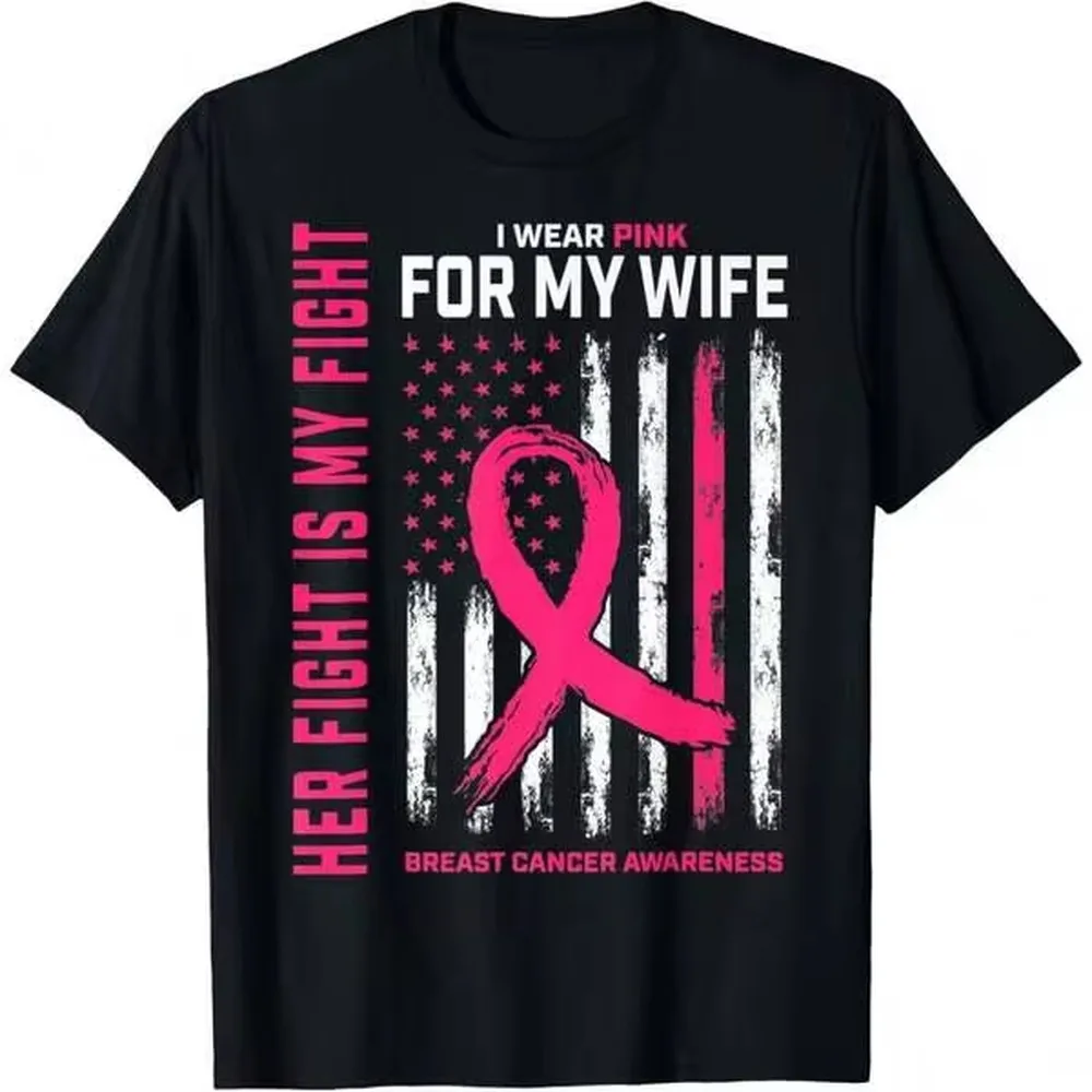 180GSM Pure Cotton Her Fight Is My Fight Pink Breast Cancer Wife Awareness Print T Shirt Soft Knit Support Survivor Casual Tee