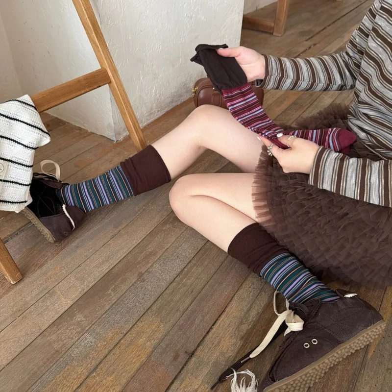 Retro Stripe Decor Autumn Slouch Socks Japanese Trend Y2K Color Block Ins Calf Socks Daily Commute Student Cotton Socks