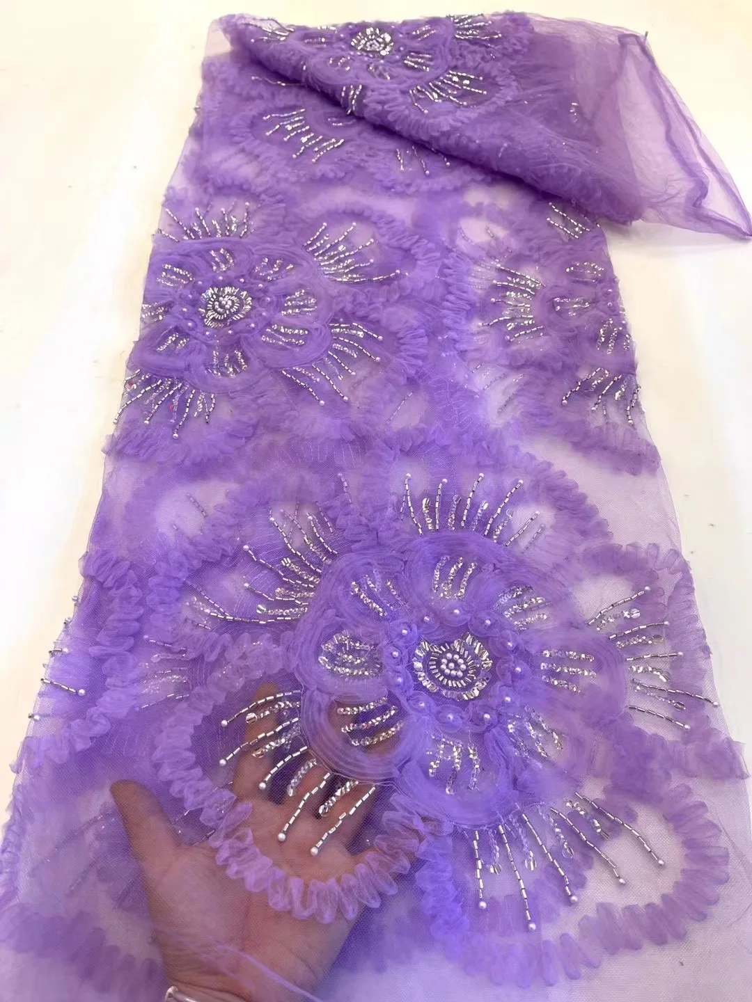 

Latest 3D Floral French Lace Fabric with Beaded High Quality 2023 Mesh Applique Net Lace Fabrics 5 Yards for Wedding Party Dress