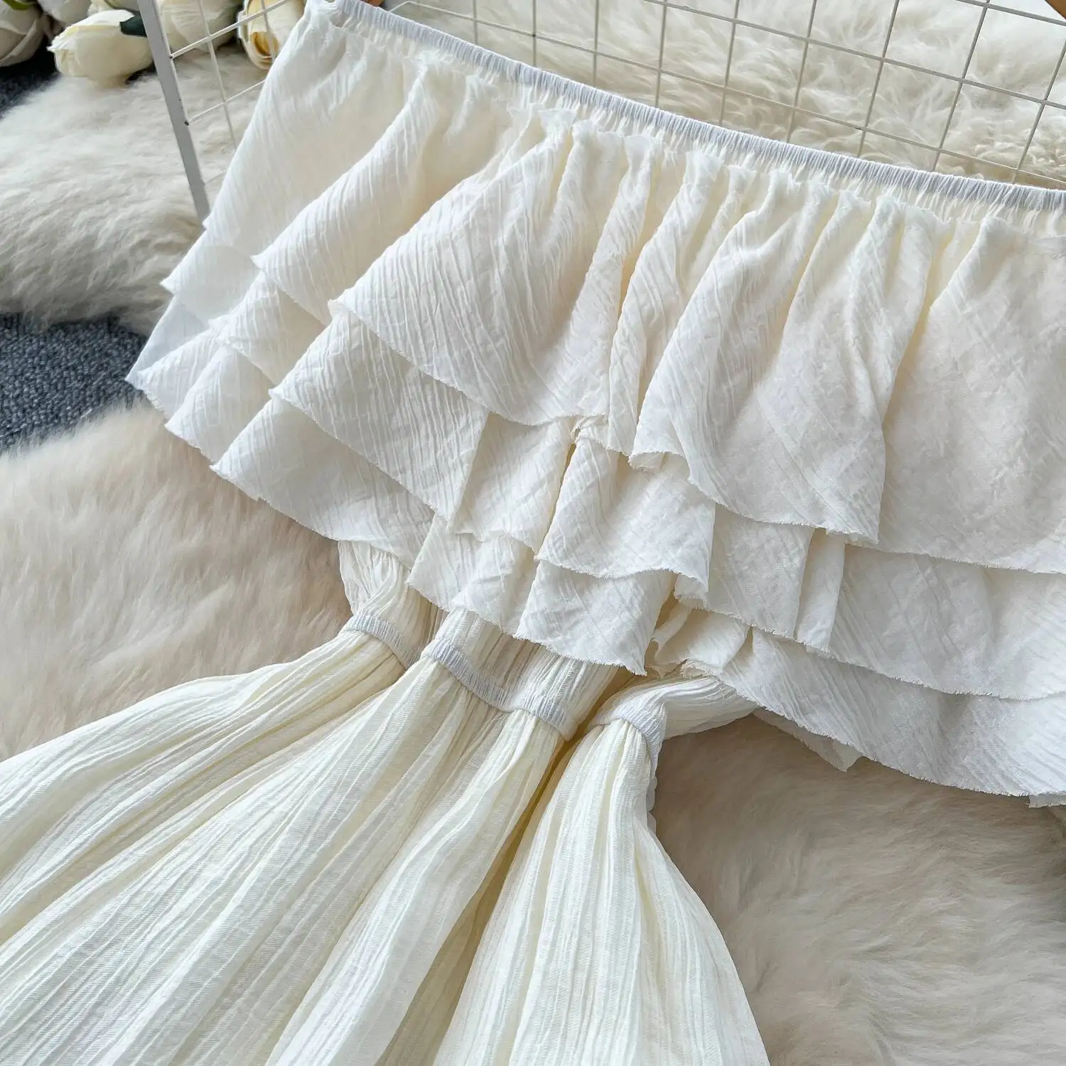 Women Sexy Off Shoulder Beach Dress Summer Lotus Leaf Splicing Waist Cinching Long Dresses Slim Vintage Boho Long Robe Vestidos