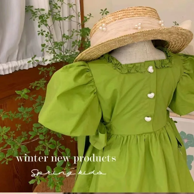 French Dress Summer Avocado Green Bow Bubble Sleeves Western-style Solid Color Waist Princess Dress