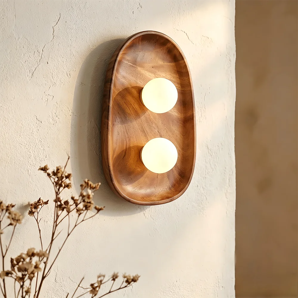 Wabi-sabi Oval Wood Wall Lamps Round Glass Sconces G4 Bedroom Bedside Wall Light for Living Room Hallway Stair Entrance Aisle