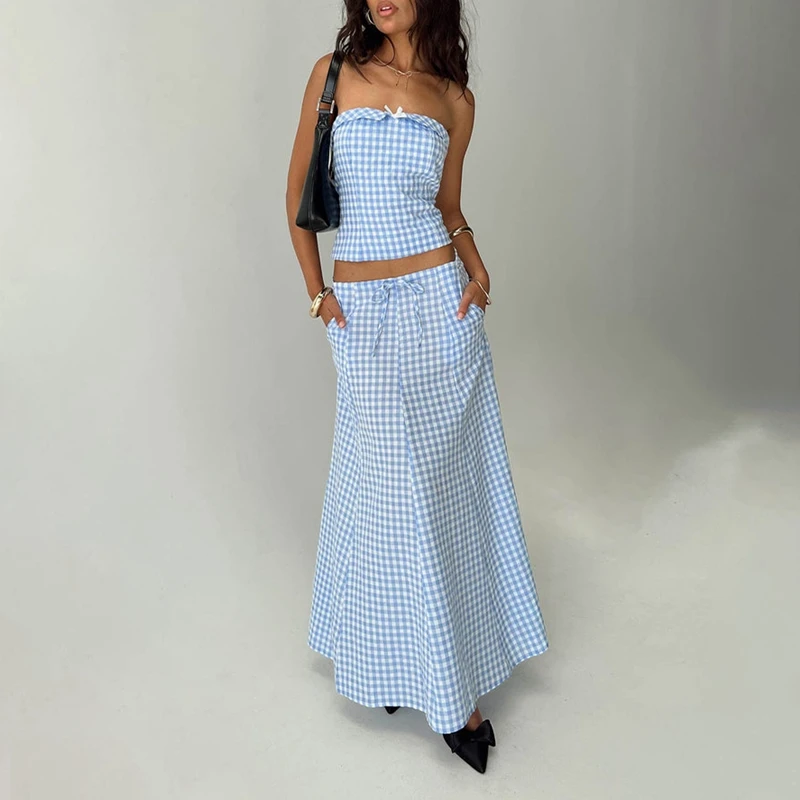 Women Vintage Y2K Aesthetic Matching Suit Bowknot Strapless Tube Crop Tops + Maxi A-line Skirt Cottage Plaid 2 Piece Set Outfits