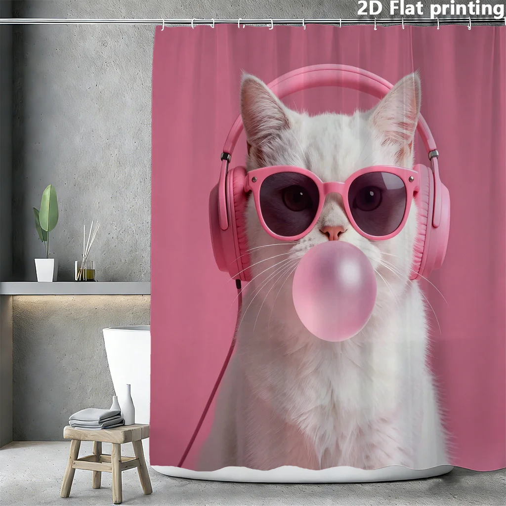 

Cool Cat Shower Curtain, White Kitten with Pink Headphones and Sunglasses Blowing Bubblegum Fun Animal Print Waterproof Bathroom