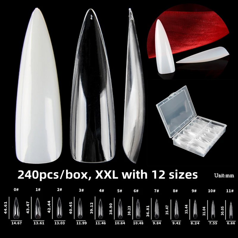 

240pcs XXL Extra Long Stiletto Gel False Nails Pointed Full Cover Press On Tips Thin Flexible Salon DIY Artificial Nail Art Tip