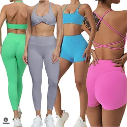 1/2Pcs Nylon Twist Biustonosz sportowy do biegania Zestaw do jogi Kobiety Spodnie do ćwiczeń Siłownia Fitness Kobieta V Back Scrunch Legginsy Dres do ćwiczeń