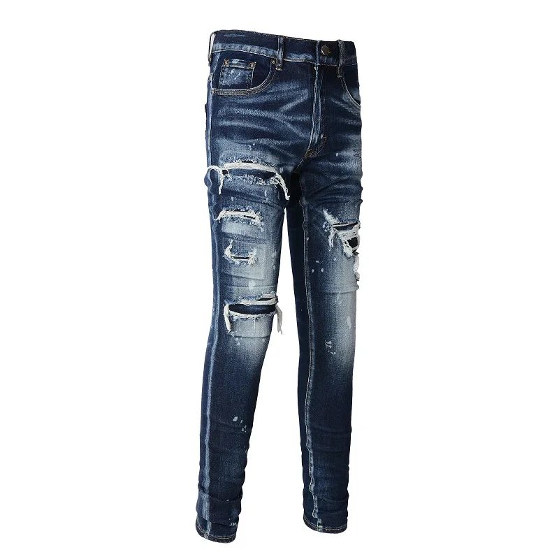 men's stacked slim fit jeans damaged distressed skinny patchwork patch splatter ripped thin wholesale fashion denim pant 6905