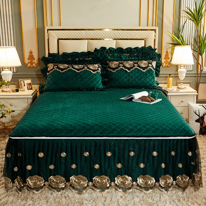 

De lujo de Euro de terciopelo de cristal oro encaje con volantes acolchado cremallera desmontable falda de la cama Funda