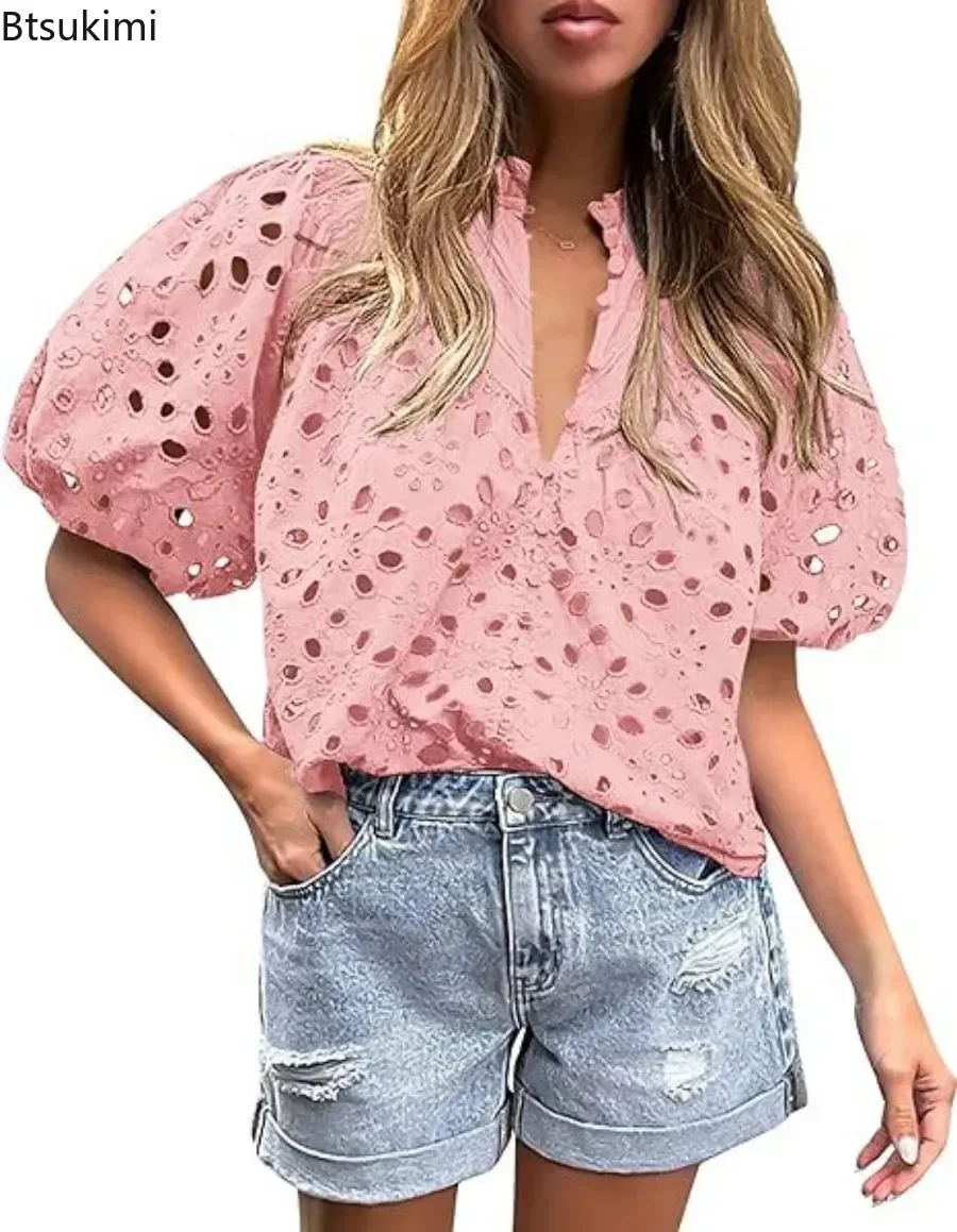 

2025 женские летние топы с вырезами, модные кружевные пуловеры с рукавами-фонариками и v-образным вырезом на пуговицах, женские уличные блузки