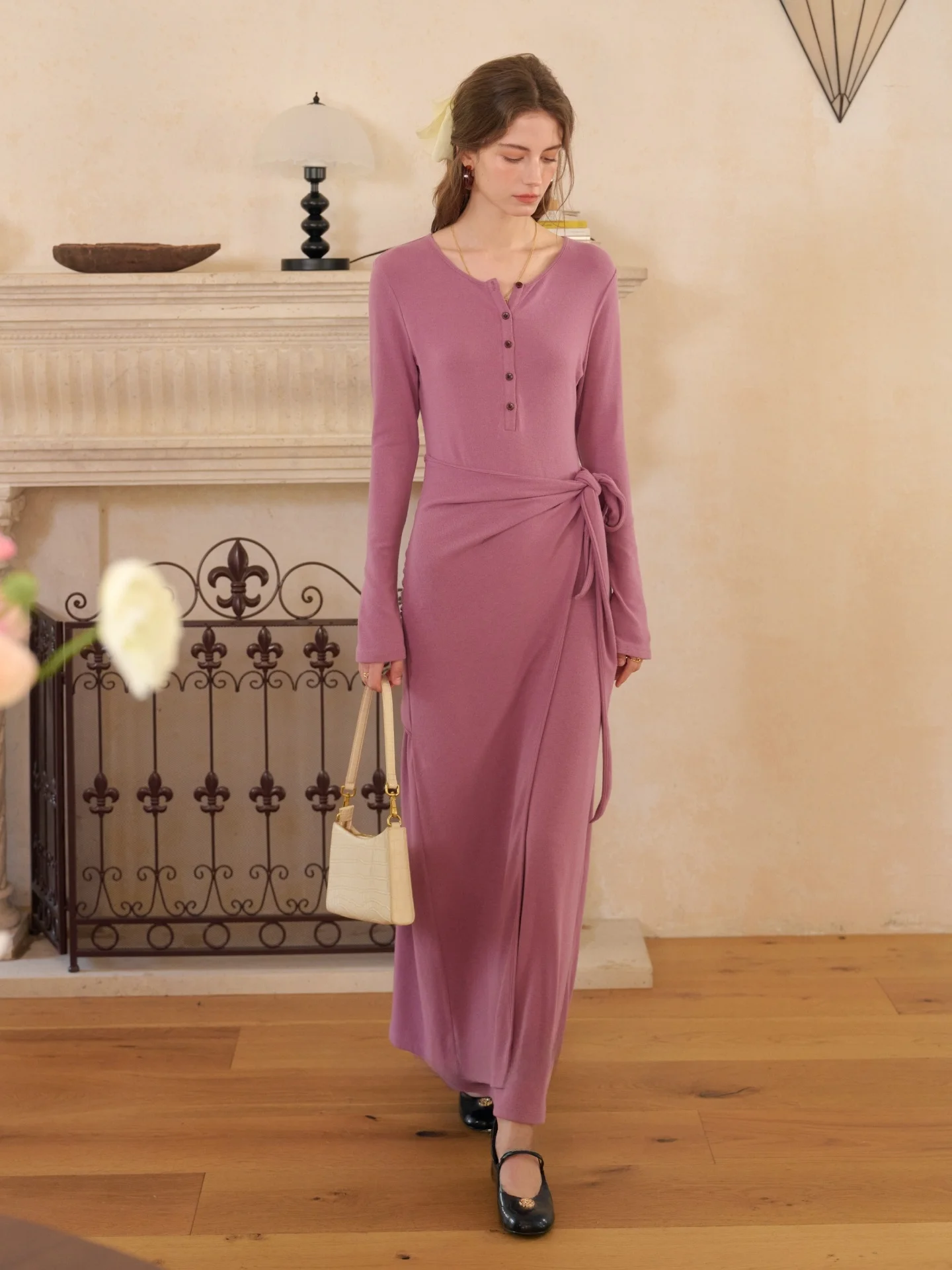 痩身効果 ラウンドネック ニットドレス フレンチスタイル ロングスカート フェイクツーピースデザイン レディースファッション シティ通勤 デート デイリー