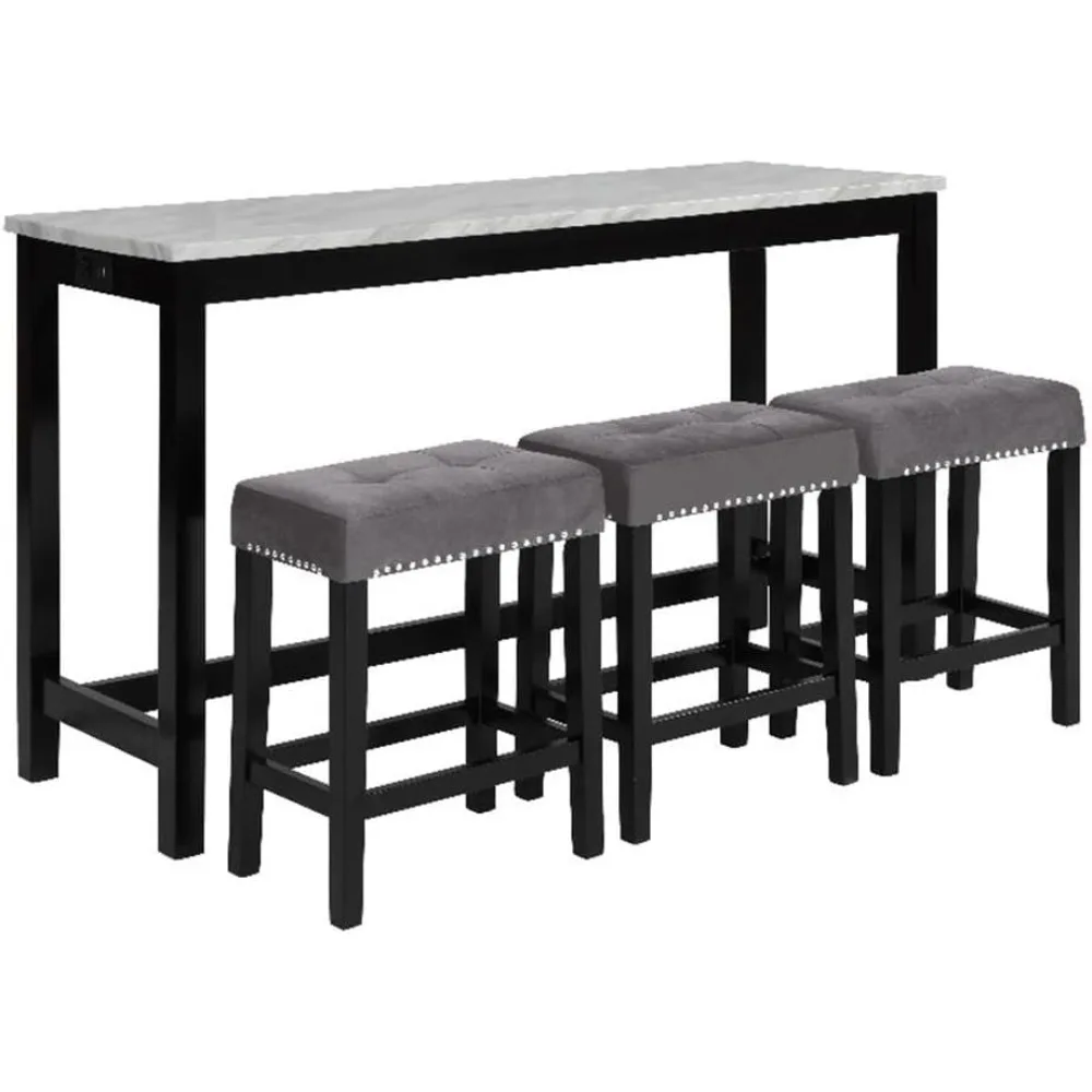 

Celeste Faux Marble Theater Bar Table with 3 Bar Stool Set, Black Velvet with Black Base