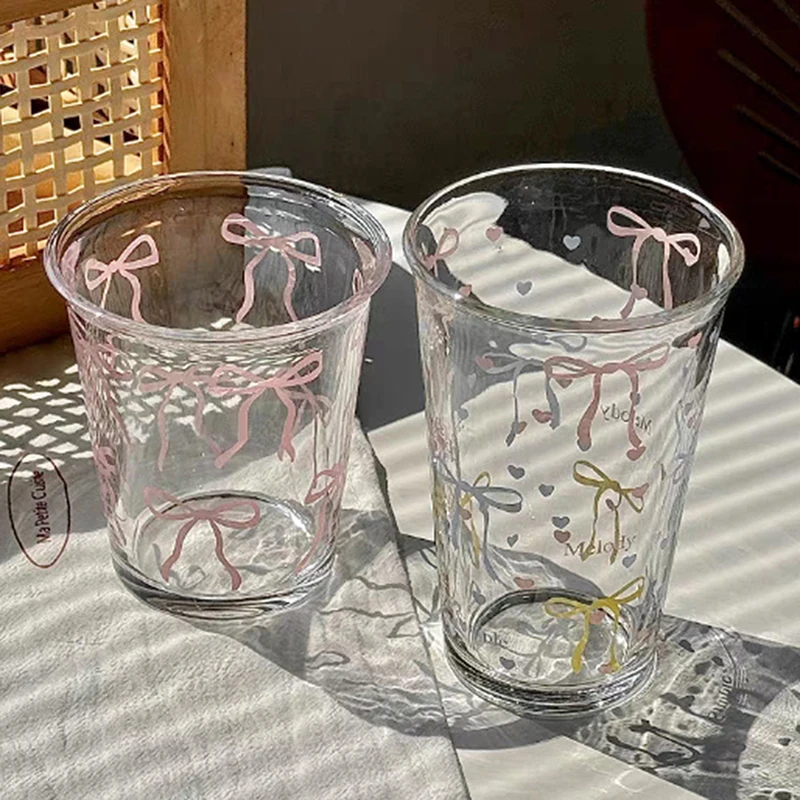 

Стеклянная кружка с бантом, милая чашка для воды, мультяшная стеклянная кружка с бантом, полосатая кружка с милым рисунком, кофейная кружка, домашняя кружка для фруктового чая, лимонада, подарок